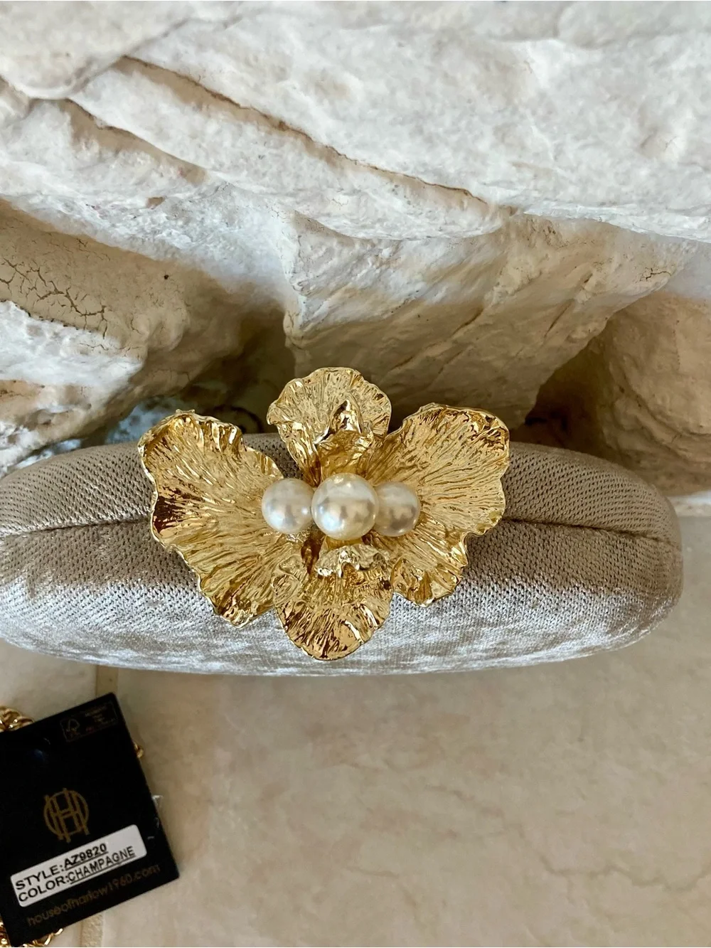 NWT House of Harlow 1960 Champagne Velvet Clutch with Gold Pearl Flower